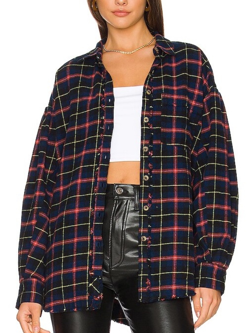 Free People Happy Hour Plaid Flannel Button Down Shirt Sz M LNWOT